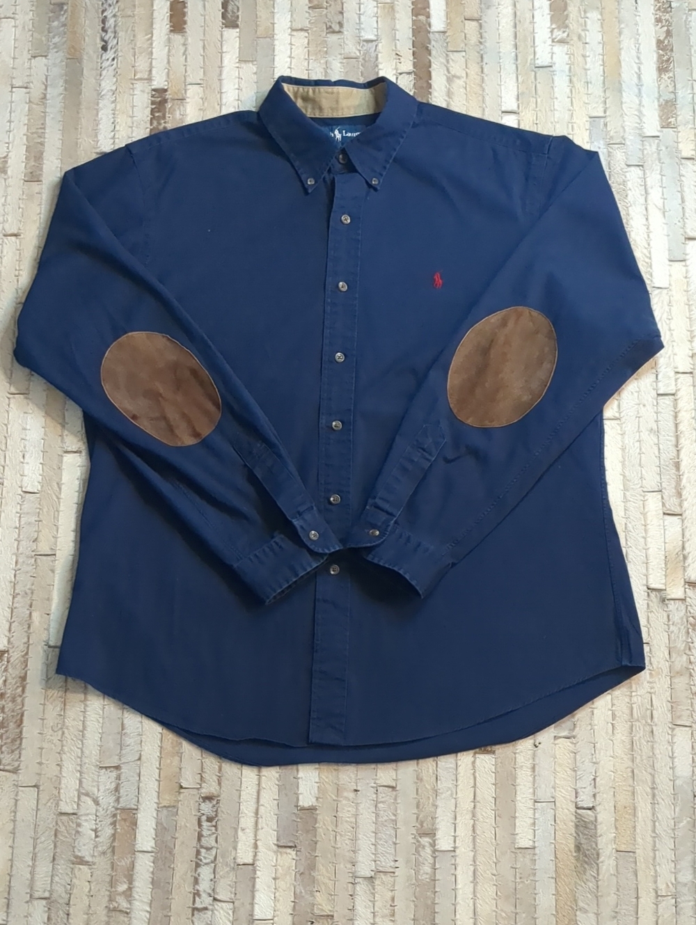 Polo Ralph Lauren Vintage 90s Navy Blue Suede Elbow Patch Button Down Shirt XL
